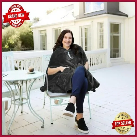 Oversized Sherpa Fleece Hooded Poncho Cape Wearable Blanket One Size - Picture 3 of 8